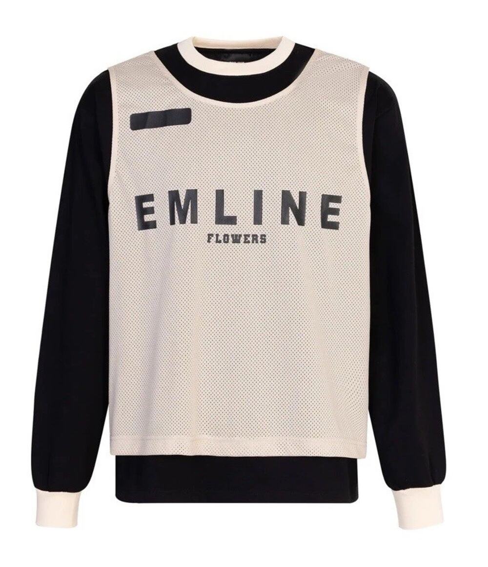 EMLINE Flowers Jersey Overlay Crewneck Sweatshirt— L Black & Cream Streetwear